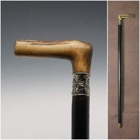 1900年頃 英国アンティーク ブラックシャフト 純銀装飾 アントラーハンドル ステッキ 杖 81cm