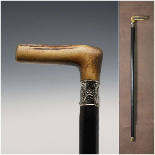 1900年左右 英國古董 黑柄純銀裝飾 鹿角手柄手杖 拐杖 81cm