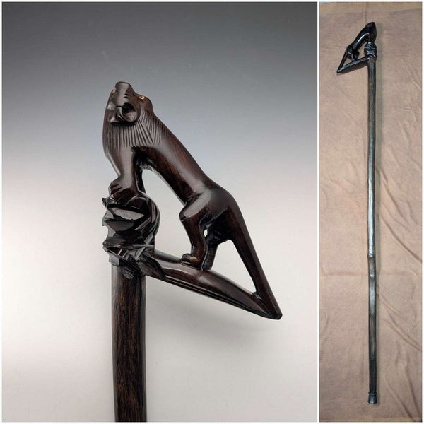 Vintage Extra-Thick Ebonized Shaft Lion Carved Handle Walking Stick 130cm