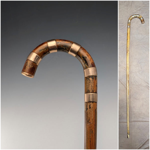 ヴィンテージ ブラウンシャフト 曲がりハンドル ニッケルバンド装飾 ステッキ 杖 94cm