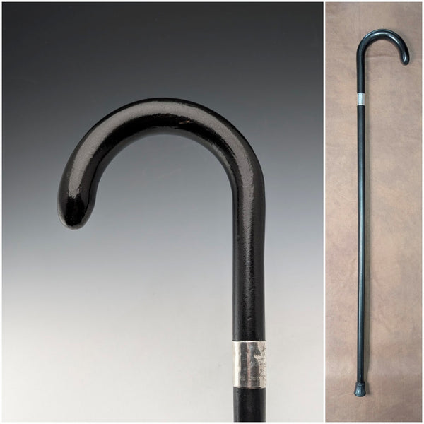 1943年 英国ヴィンテージ ブラックシャフト 曲がりハンドル 純銀装飾 ステッキ 杖 93cm