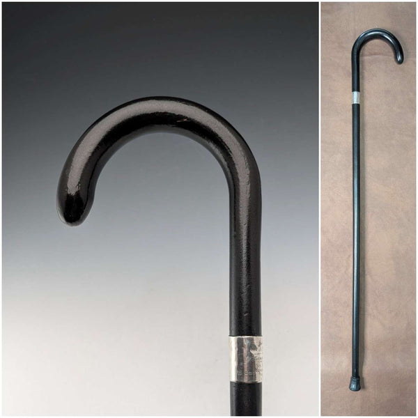 1943 British vintage black shaft curved handle pure silver decorated walking stick 93cm