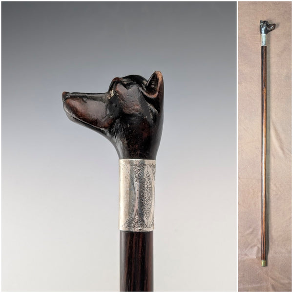 1935 British Vintage Brown Shaft Dog Head Handle Sterling Silver Cane 86cm Jonathan Howell
