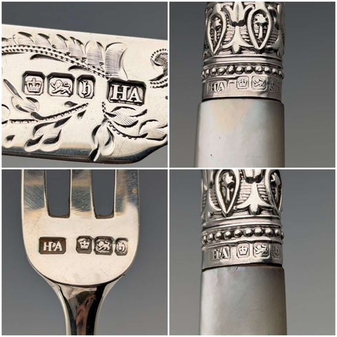 1900 British antique pure silver blades, mother of pearl handles, dessert cutlery set of 6, Atkin Brothers