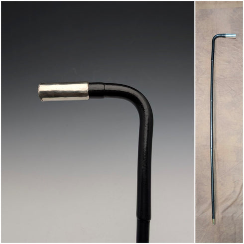 1899 British Antique Black Shaft L-Handle Sterling Silver Decorated Lightweight Walking Stick, 90cm