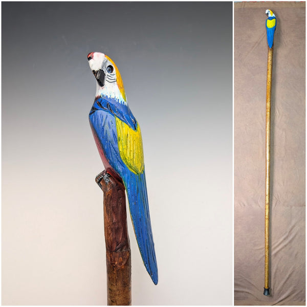 ヴィンテージ 彩色インコ彫刻ハンドル ハイキングステッキ 杖 136cm