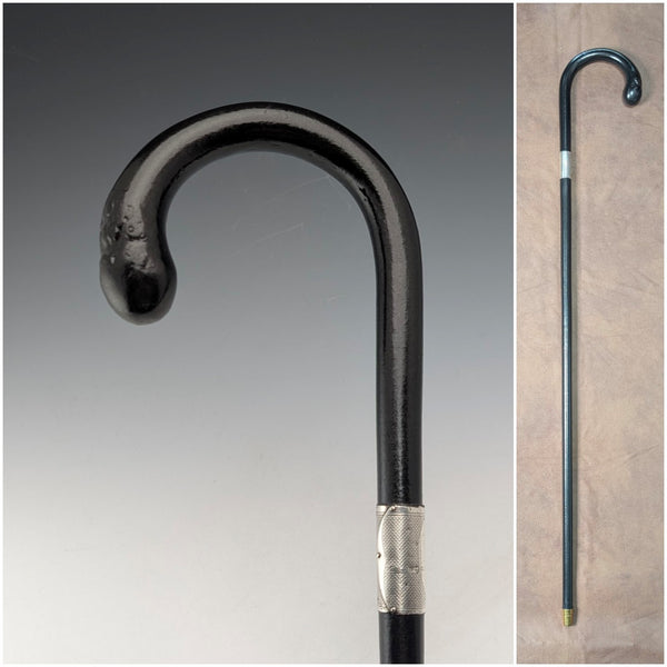 1929年 英国ヴィンテージ ブラックシャフト 曲がりハンドル 純銀装飾 ステッキ 杖 85cm