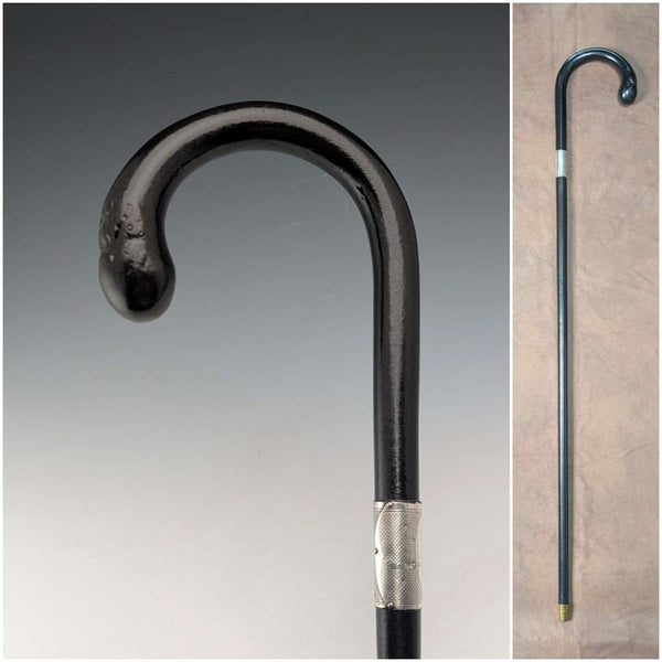 1929 British vintage black shaft curved handle pure silver decorated walking stick 85cm