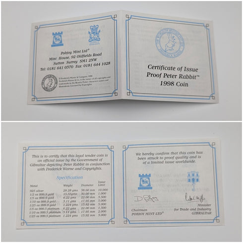 1998年 英國直布羅陀 克朗銀幣 「彼得兔」PobjoyMint 附盒、說明書