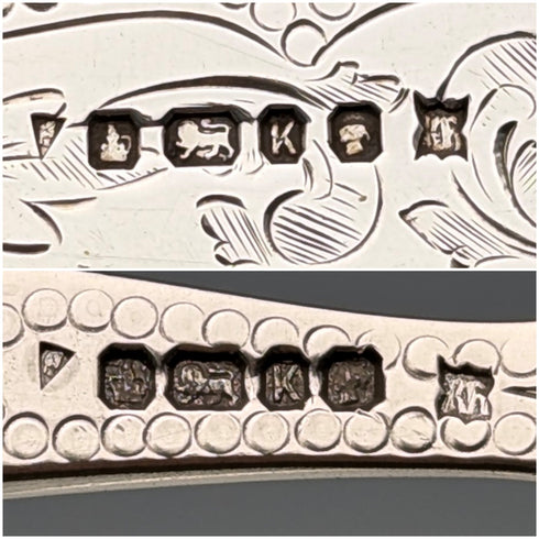 1877年 英国アンティーク 白蝶貝ハンドル 純銀ブレード フィッシュカトラリー 2ペア William Hutton & Sons