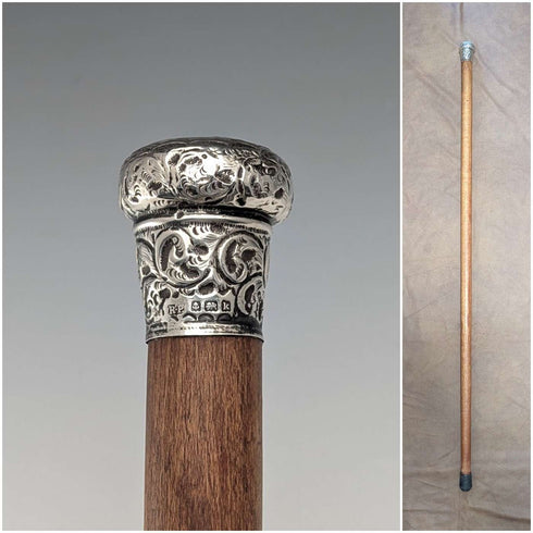 1909年英國古董棕色桿身雕刻純銀手杖,圓盤形手柄,長88厘米