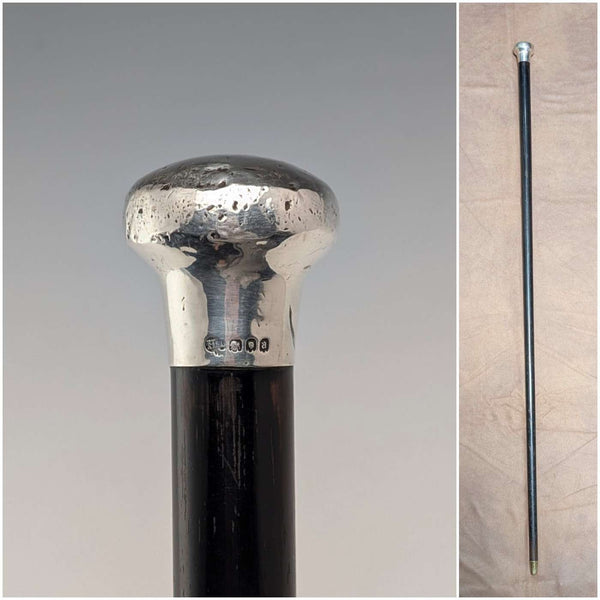 1916年 英国アンティーク ブラックシャフト 純銀製ロンデルハンドル 杖 87cm
