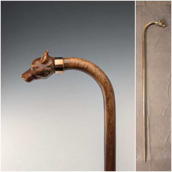 ヴィンテージ タンシャフト 樹脂製ドッグヘッドハンドル ゴールド装飾 杖 90cm