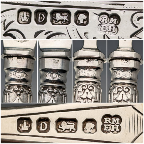 1871年 英国アンティーク 総純銀製 フィッシュカトラリーセット 6ペア 計607g Martin and Hall 木箱入り