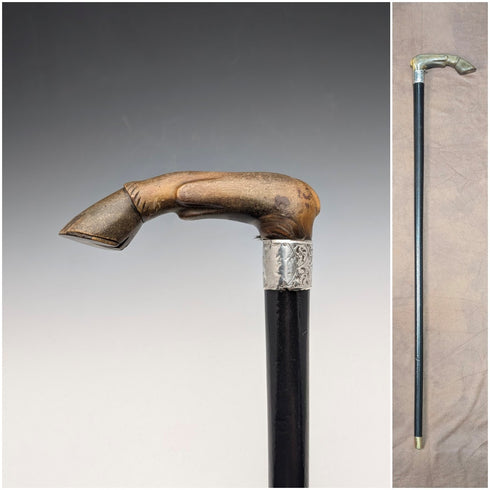 1899 British Antique Sterling Silver L-Handle Horn-Handled Walking Stick, 83cm