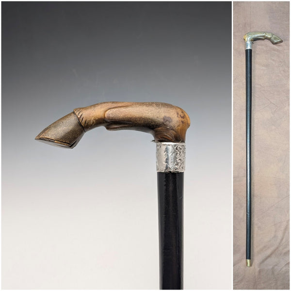 1899年英國古董純銀L形柄牛角柄手杖,長83厘米