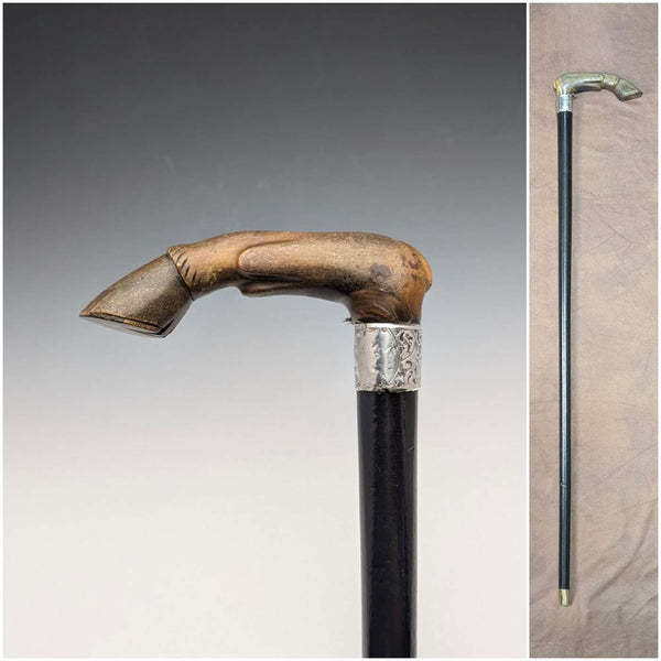 1899 British Antique Sterling Silver L-Handle Horn-Handled Walking Stick, 83cm