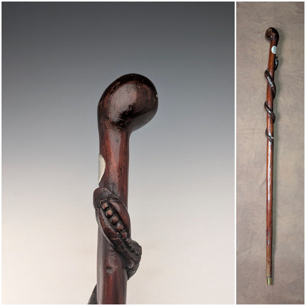 ヴィンテージ スネーク装飾ブラウンシャフト ノブハンドル ステッキ 杖 90cm