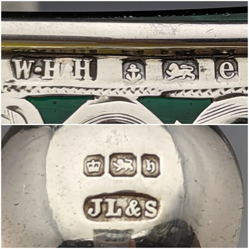 1904年 英国アンティーク 純銀&グリーングラス ソルトディッシュ&スプーン William Hair Haseler