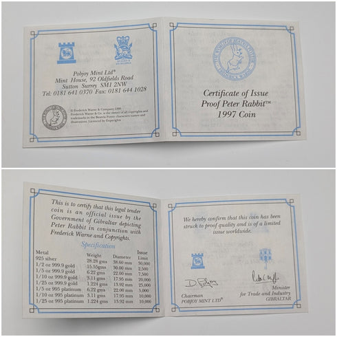 1997年 英國直布羅陀 克朗銀幣 「彼得兔」PobjoyMint 附贈保護盒及說明書