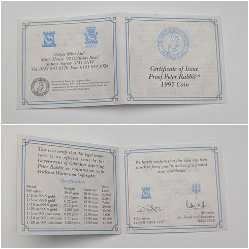 1997年 英國直布羅陀 克朗銀幣 「彼得兔」PobjoyMint 附贈保護盒及說明書