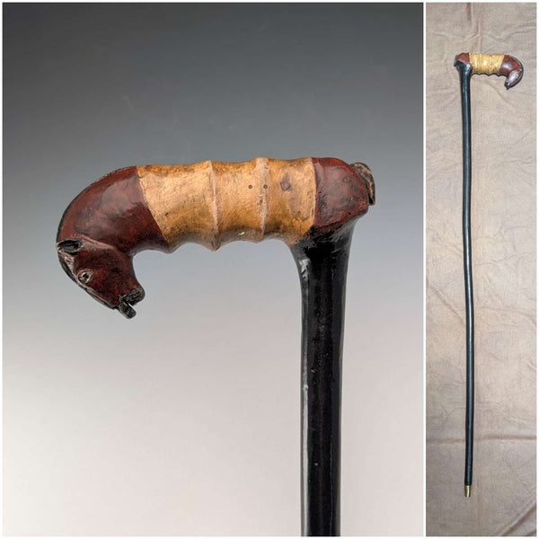 Vintage black shaft, painted horse-carved handle walking stick, 94cm