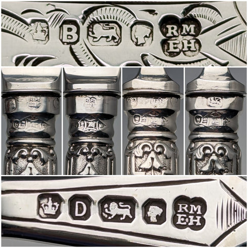 1871 British antique all-sterling silver fish cutlery set, 6 pairs, total 608g, Martin and Hall, with tray