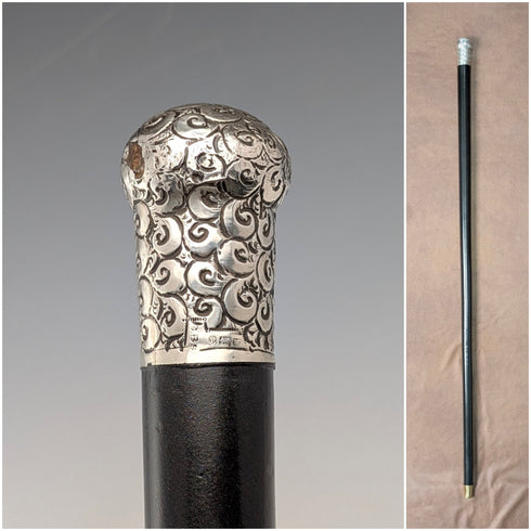 1910年 英国アンティーク ブラックシャフト 純銀製ロンデルハンドル 杖 84cm