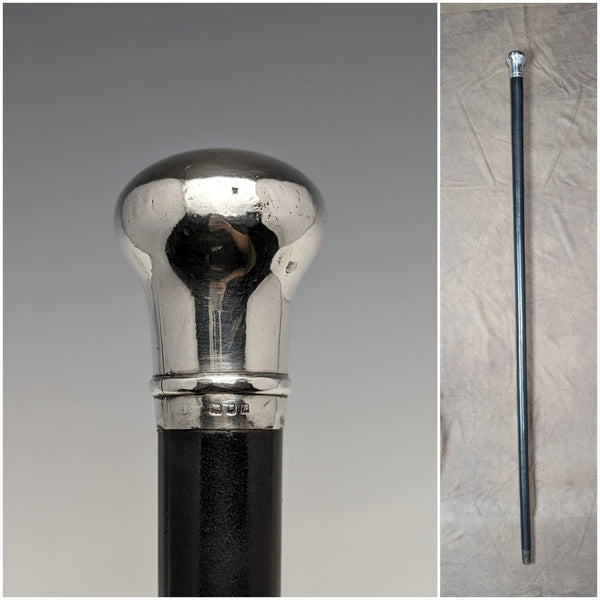 1922年 英國古董 紳士用手杖 黑色杖身 純銀 圓形手把 92cm