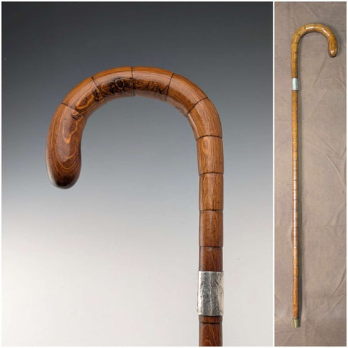 1921年頃 英国アンティーク ブラウンシャフト 曲がりハンドル 純銀装飾 ステッキ 杖 88cm