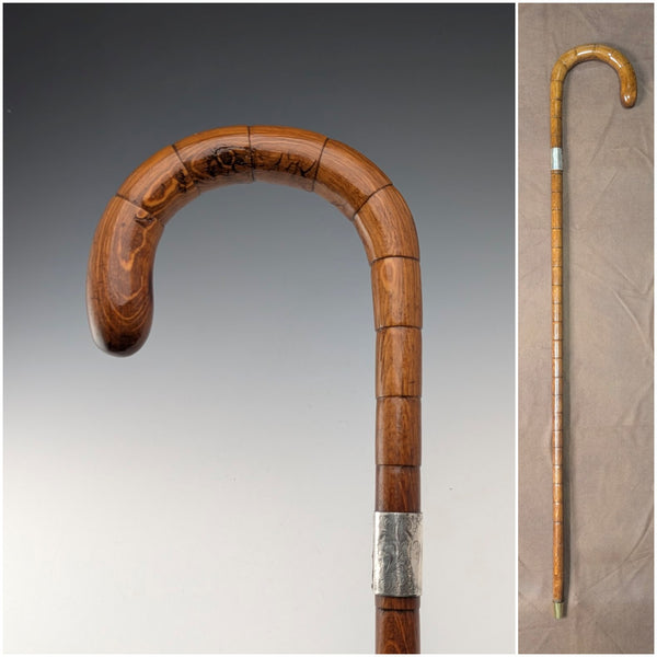 1921年頃 英国アンティーク ブラウンシャフト 曲がりハンドル 純銀装飾 ステッキ 杖 88cm