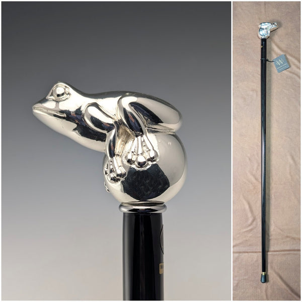 【新品】イタリア製 純銀製フロッグハンドル ブラックシャフト ステッキ 杖 92cm