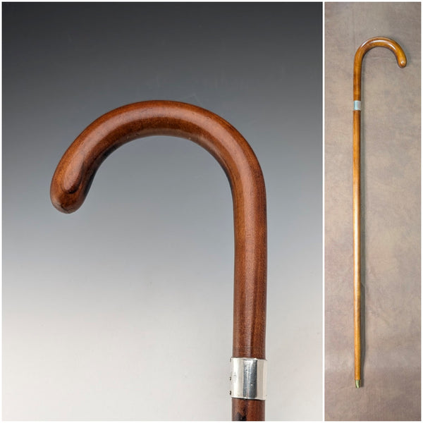 ヴィンテージ タンシャフト 曲がりハンドル 純銀装飾 ステッキ 杖 92cm