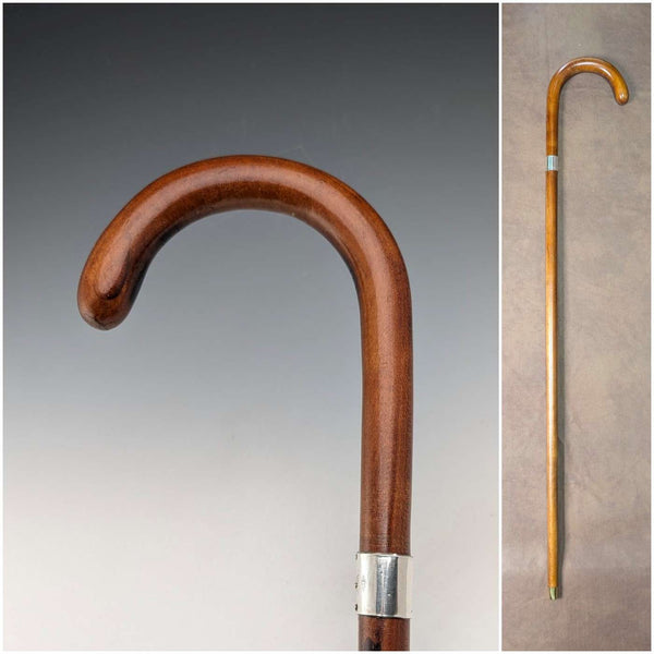 Vintage Tan Shaft Bent Handle Sterling Silver Decorated Walking Stick 92cm