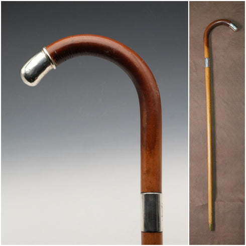 1914 British Antique Thunk Shaft Sterling Silver-Mounted Large-Curved Handle Walking Stick Cane 93 cm