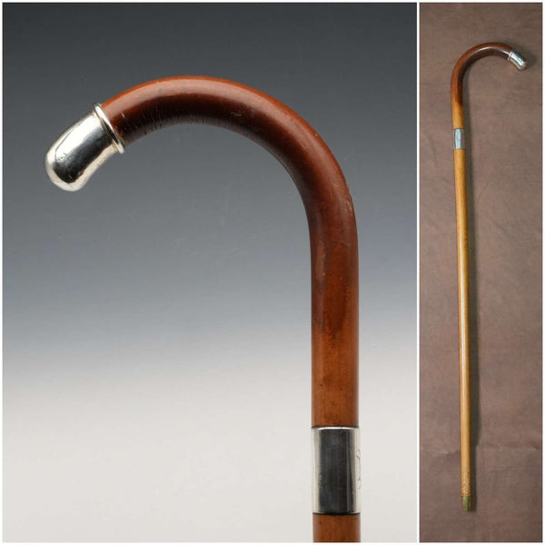 1914年 英國古董 坦沙木 純銀裝飾 大彎柄 手杖 93cm