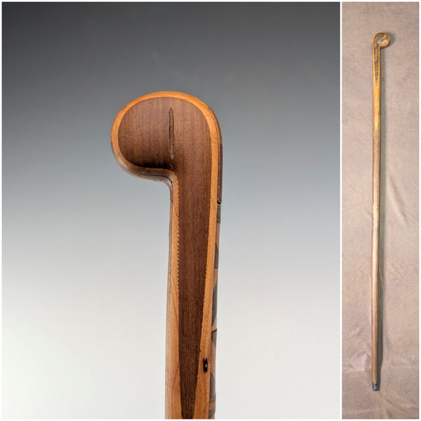 Early 20th century brown and tan walking stick with marquetry rondelle handle, 89cm