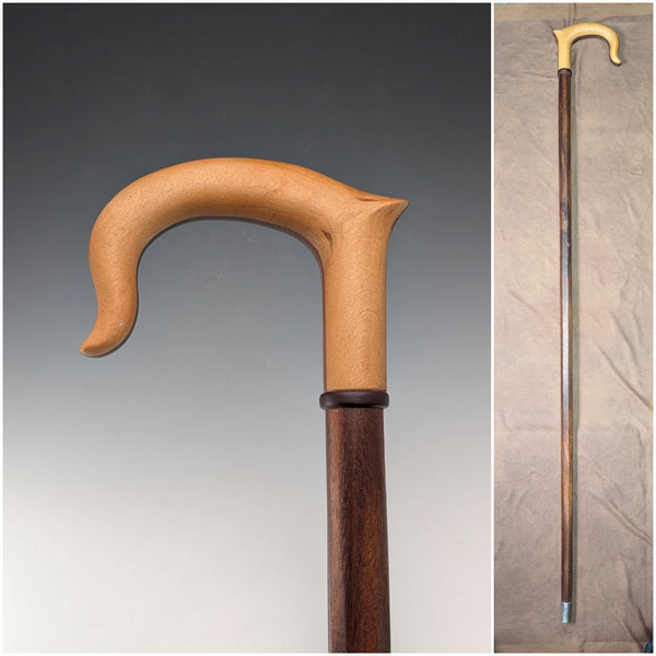 Vintage Long Walking Cane, Octagonal Shaft & Two-Tone Wood Handle, 133cm