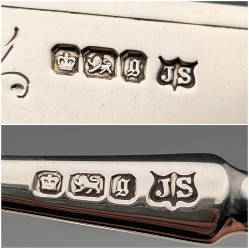 1899年 英国アンティーク 白蝶貝ハンドル 純銀ブレード デザートカトラリー4ペア John Sanderson