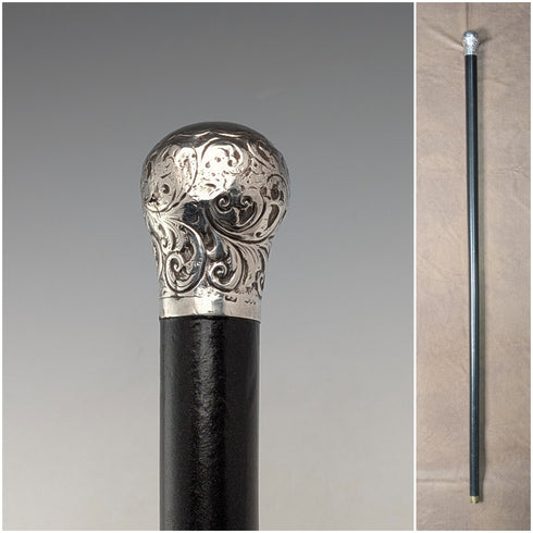 1883 年英國古董黑軸雕刻純銀圓柄手杖 89 厘米