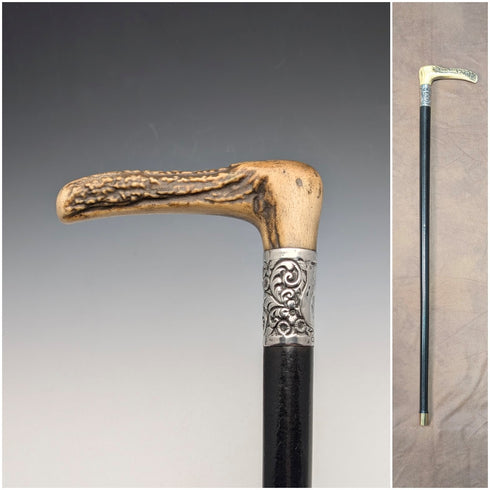 1911 British Antique Black Shaft Sterling Silver Antler L-Handle Walking Stick, 77cm