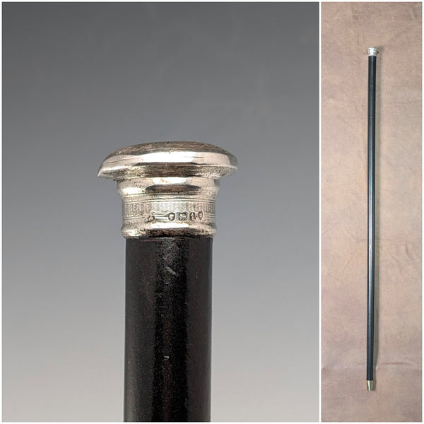 1874 British Antique Walking Stick with Black Shaft and Sterling Silver Engraved Rondelle Handle, 82cm
