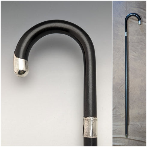 1930 年英國復古男士手杖,黑桿,純銀裝飾弧形手柄,92 厘米