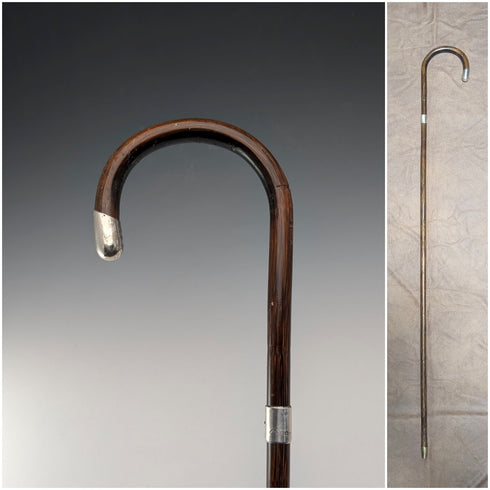 1919年英國古董棕色杖身,彎柄,純銀裝飾輕便手杖,91厘米