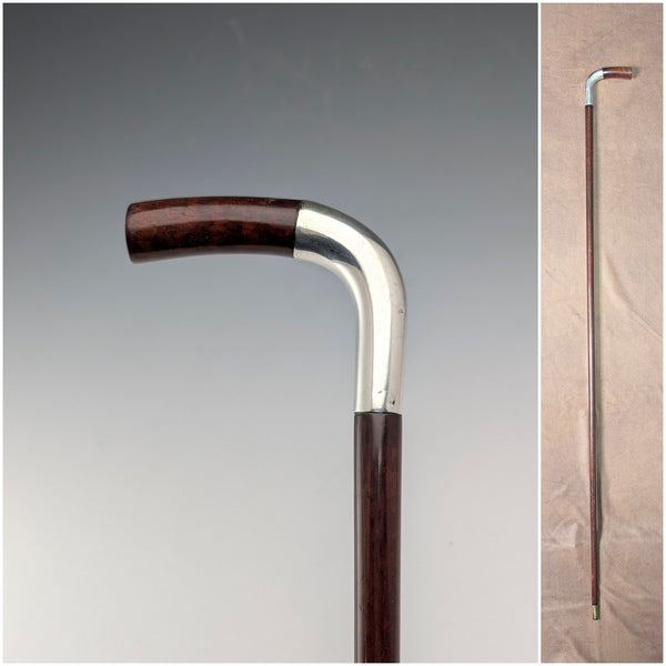 Circa 1900 British Antique Brown Handle L-Handle Sterling Silver Decorated Walking Stick, 92cm, by Julius Klinkhardt