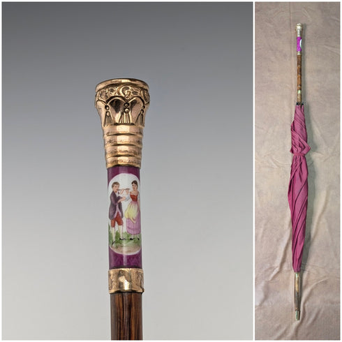 英国ヴィンテージ レディース用アンブレラ 金張りエナメル装飾ハンドル パープル 86cm