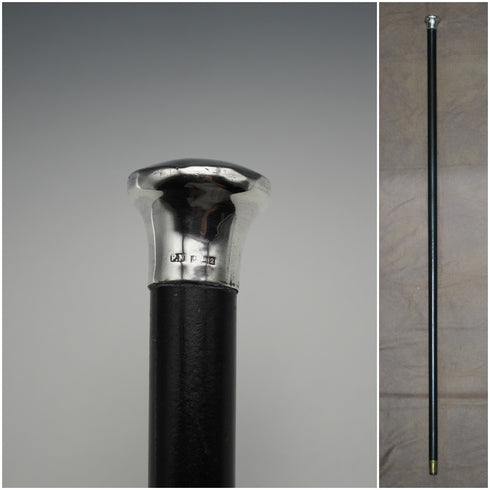 1965 Vintage British Black Shaft Sterling Silver Plain Rondel Handle Walking Stick 90cm