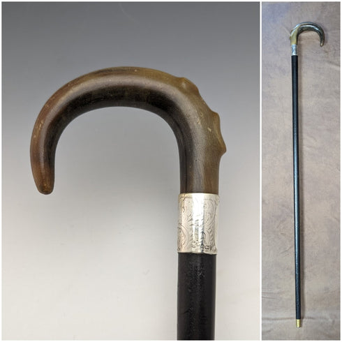 1927 年英國復古男式手杖純銀裝飾弧形牛角手柄 92 厘米