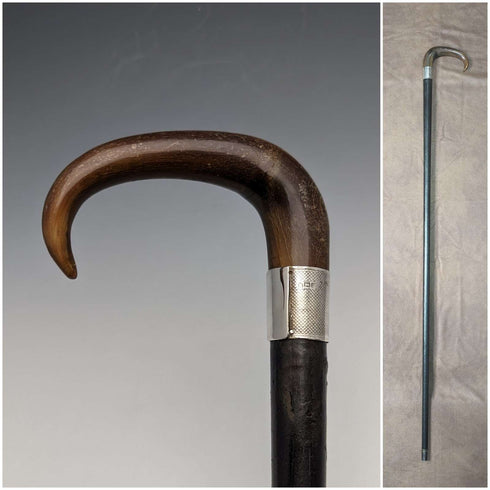 1907 年英國古董男士手杖牛角手柄純銀裝飾黑軸 88 厘米