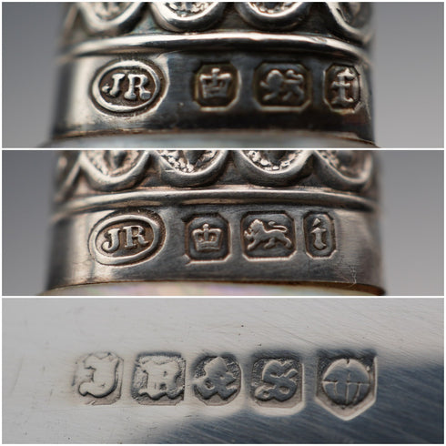 約1900年製 英國古董 白蝶貝手柄甜點餐具12對 純銀裝飾 John Round & Son 含木製收納盒